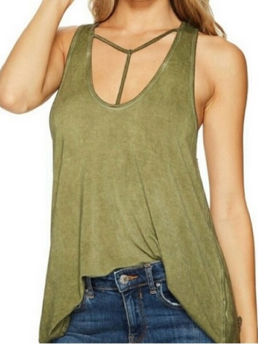 Free People Amelia Y Strap Racerback Tunic Tank Washed Olive Sage Green L